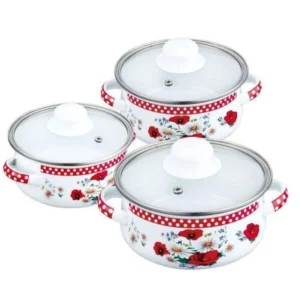 Set mini cratițe PETERHOF PH 15866, 6 piese, 0,5/0,75/1,25 litri, Inducție, Email, Alb cu flori