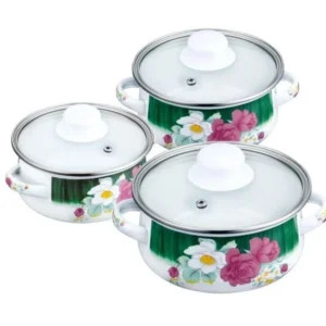 Set mini cratițe PETERHOF PH 15867, 6 piese, 0,5/0,75/1,25 litri, Inducție, Email, Alb cu flori