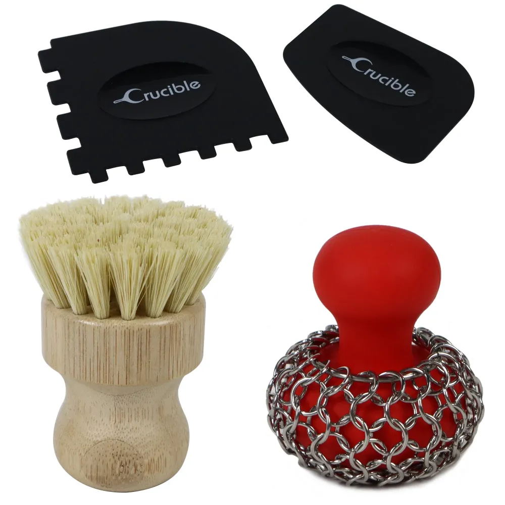 Set de îngrijire pentru fontă de 4 piese, curățător pentru fontă cu burete din zale de lanț + perie de curățare + raclete...