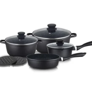 Set oală, tigăi și suport pentru pahare ZEPHYR ZP 4318 M9, 9 piese, finisaj marmorat, inducție, negru