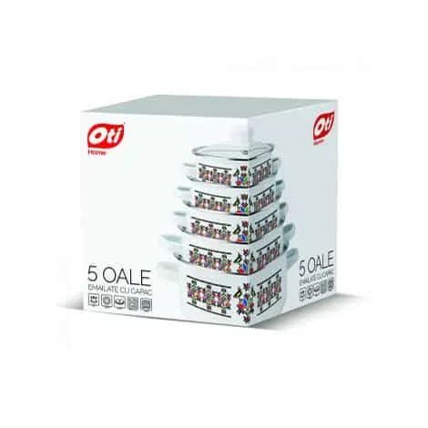 Set 5 oale emailate si capace din sticla OTI, diametre 16/18/20/22/24 / OTI 0017