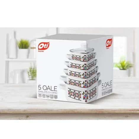 Set 5 oale emailate si capace din sticla OTI, diametre 16/18/20/22/24 / OTI 0017
