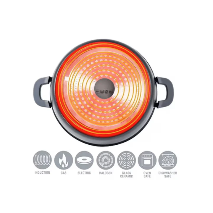 Set 3 Oale Marmorate Cheffinger Burgundy cu Capace din Sticlă Termorezistentă, 20/24/28 cm, Aluminiu Antiaderent