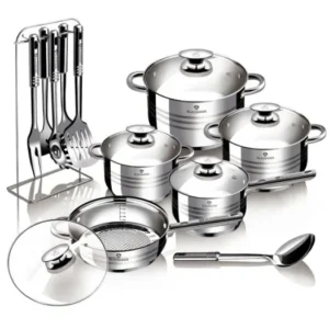 Set oale și tigaie din inox cu capace din sticlă termorezistentă și ustensile din inox (17 piese) – Blaumann BL-Gourmet Line