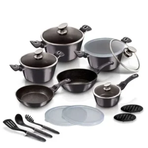 Set oale și tigăi marmorate cu capace și ustensile, 18 piese Berlinger Haus BH-6887 Carbon Pro Edition
