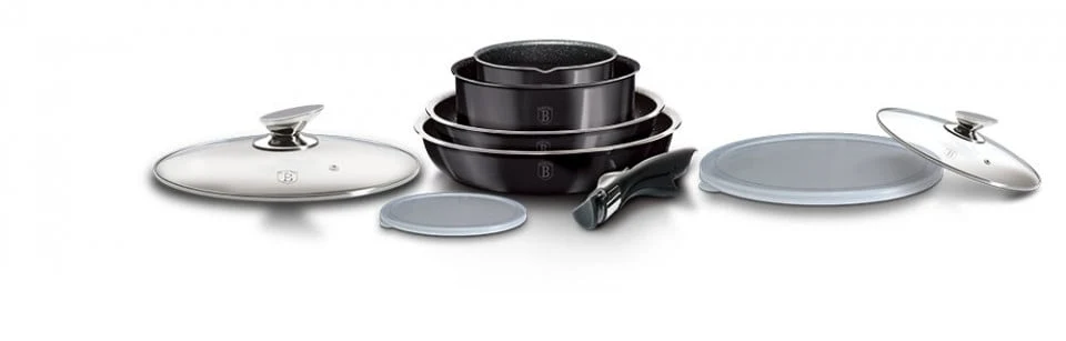 Set Oale și Tigăi Marmorate cu Mâner Detașabil, 9 Piese Berlinger Haus, Gri – Gătit Profesional, Design Elegant, Performan...