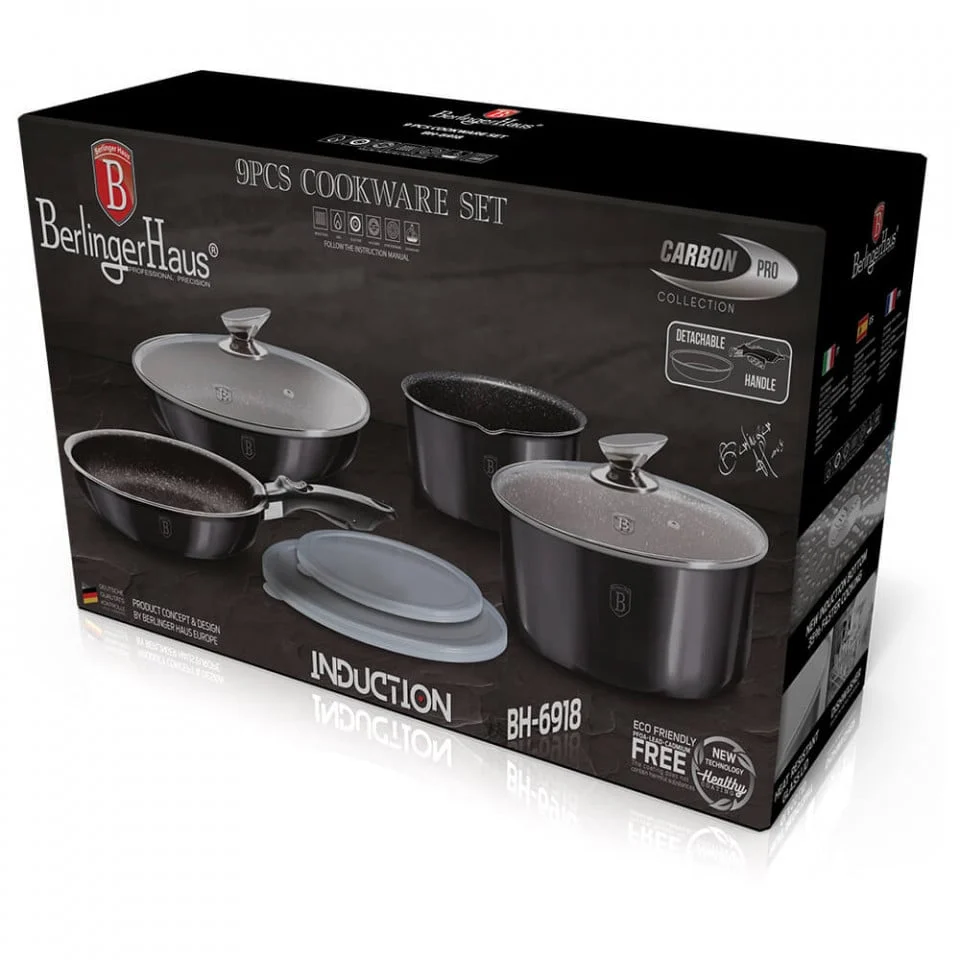 Set Oale și Tigăi Marmorate cu Mâner Detașabil, 9 Piese Berlinger Haus, Gri – Gătit Profesional, Design Elegant, Performan...