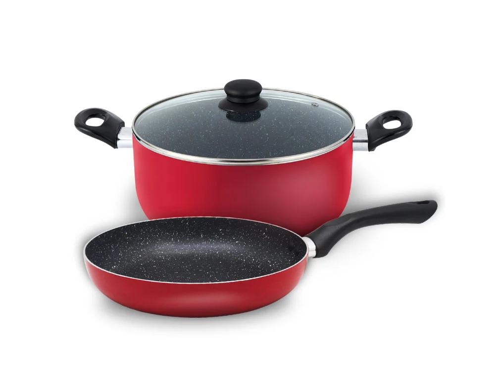 Set oale și tigăi SAPIR SP 1318 P3, 3 piese, 24 cm, Finisaj marmorat, Roșu