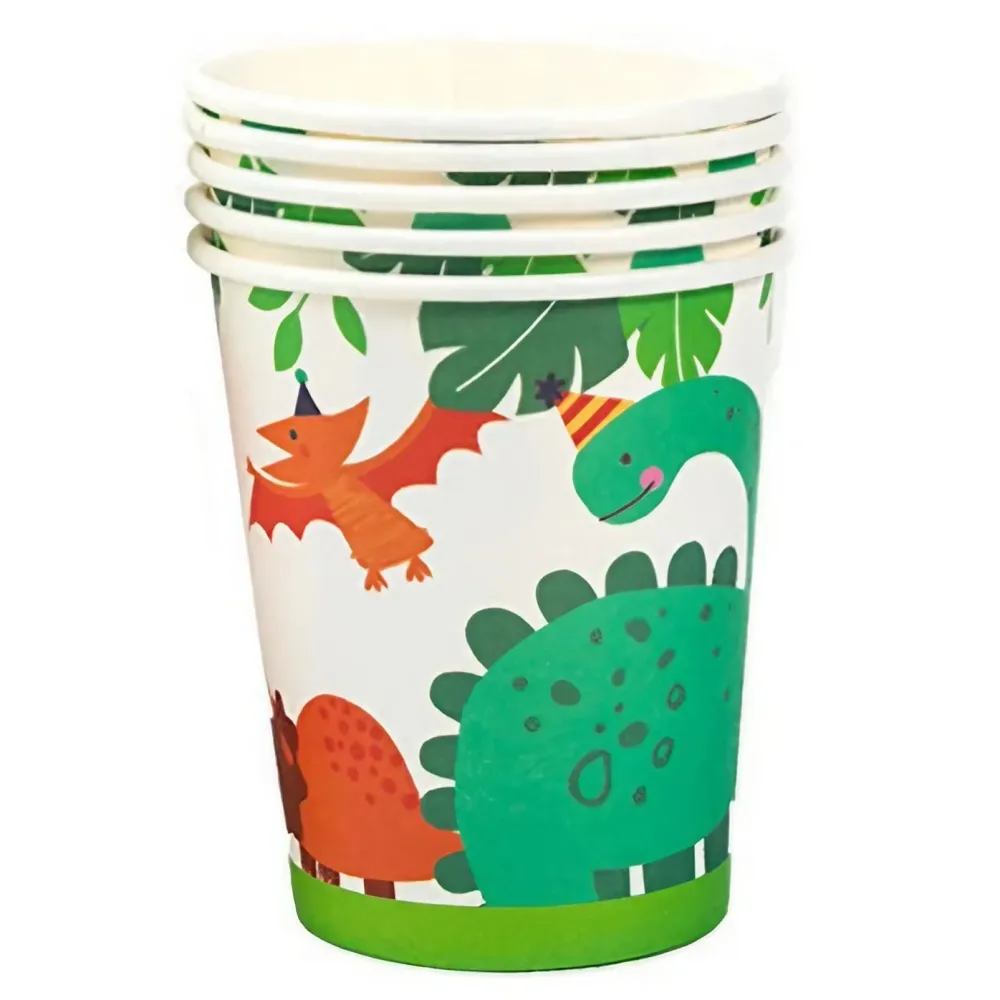 Set 10 Pahare de Carton Happy Birthday, Vivimall, Model Dinozauri, Tematica Aniversare, 7.5x8.5 cm, 200 mL, Multicolor
