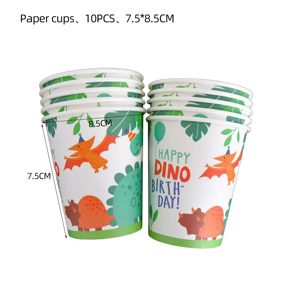 Set 10 Pahare de Carton Happy Birthday, Vivimall, Model Dinozauri, Tematica Aniversare, 7.5x8.5 cm, 200 mL, Multicolor