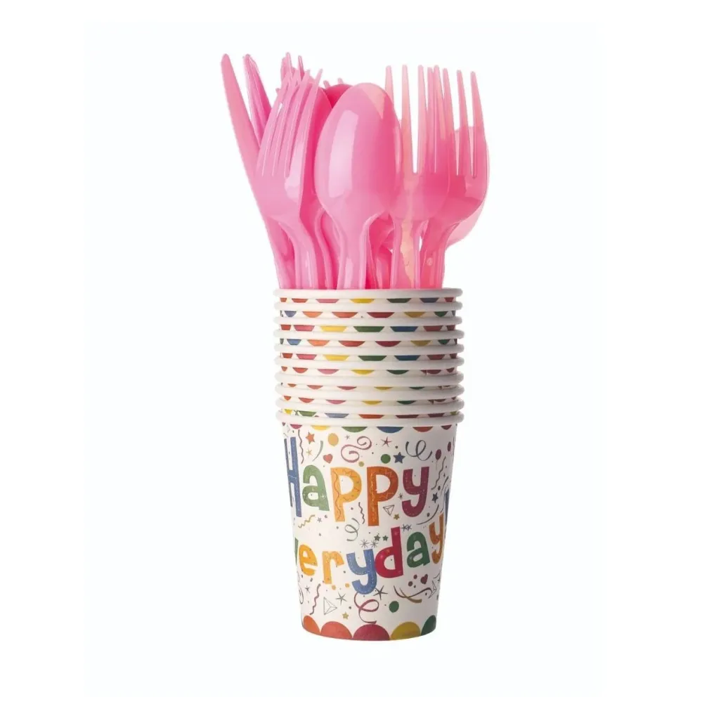 Set 10 Pahare de Carton, Vivimall, Model Happy Everyday, 13 x 7 x 5 cm, Multicolor