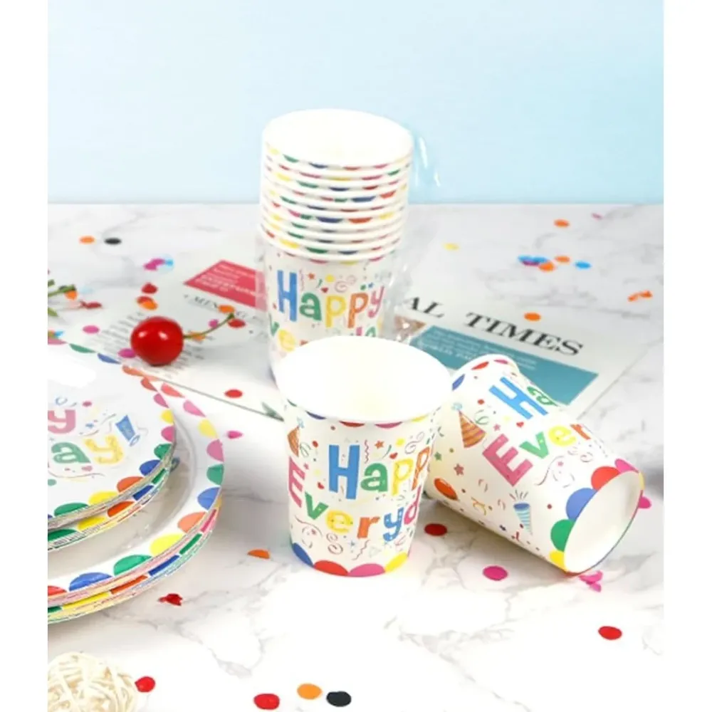Set 10 Pahare de Carton, Vivimall, Model Happy Everyday, 13 x 7 x 5 cm, Multicolor