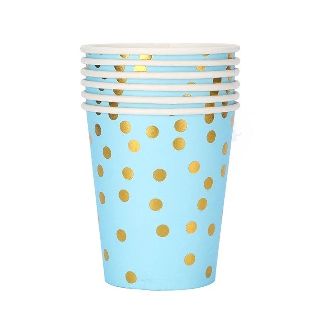 Set 10 Pahare, Vivimall, Imprimeu cu Buline, din Carton, 250 ml, 7.5 x 8.5 x 5.2 cm, Albastru/Auriu