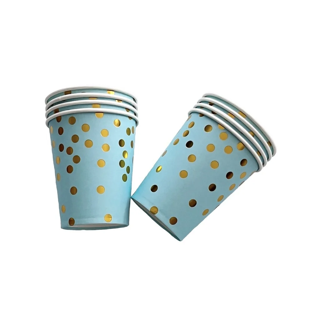 Set 10 Pahare, Vivimall, Imprimeu cu Buline, din Carton, 250 ml, 7.5 x 8.5 x 5.2 cm, Albastru/Auriu