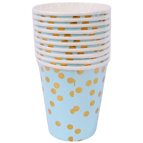 Set 10 Pahare, Vivimall, Imprimeu cu Buline, din Carton, 250 ml, 7.5 x 8.5 x 5.2 cm, Albastru/Auriu