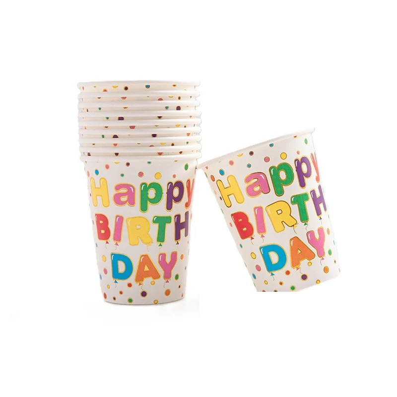 Set 10 Pahare, Vivimall, Imprimeu Happy Birthday, din Carton, 250 ml, 7.5 x 8.5 cm, Multicolor