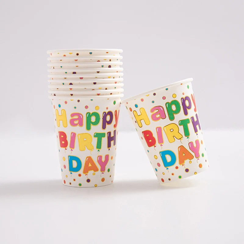 Set 10 Pahare, Vivimall, Imprimeu Happy Birthday, din Carton, 250 ml, 7.5 x 8.5 cm, Multicolor