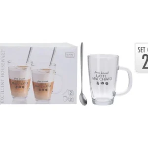 Set 4 piese LATTE MACCHIATO, 2 Cani si 2 Lingurite, Sticla, 300 ml, transparent