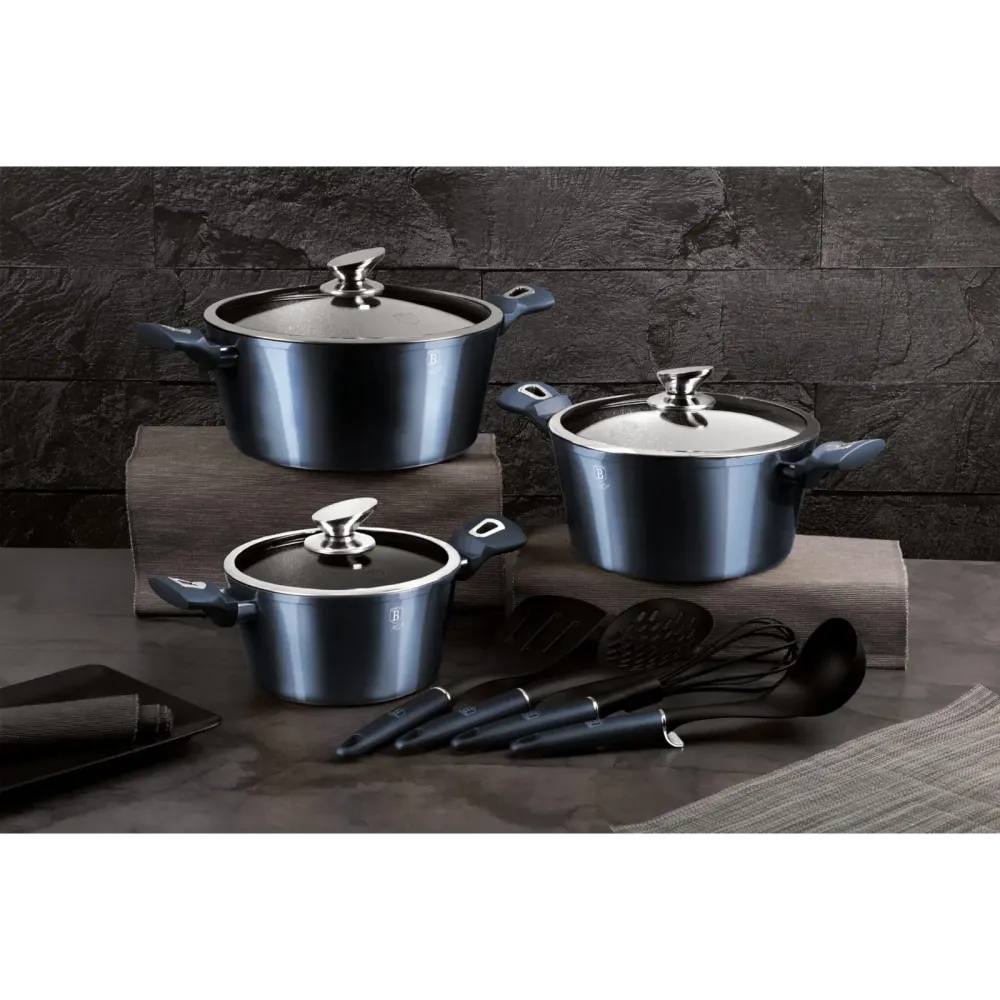 Set 10 Piese Oale Berlinger Haus Aquamarine Metallic Line, Strat Marmura, Inductie, Aluminiu Forjat, Ustensile Incluse, BH...