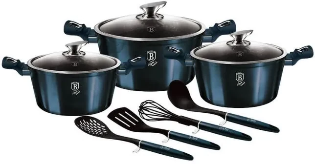 Set 10 Piese Oale Berlinger Haus Aquamarine Metallic Line, Strat Marmura, Inductie, Aluminiu Forjat, Ustensile Incluse, BH...