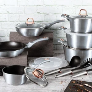 Set 18 Piese Vase de Gatit Berlinger Haus Moonlight Edition, Strat Titan 3 Straturi, Inductie, Aluminiu Forjat, Gri Argint...