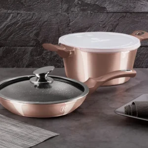 Set 4 Piese Vase de Gatit Berlinger Haus Rose Gold Edition, Strat Marmura, Inductie, Tigaie si Oala cu Capac, BH6200