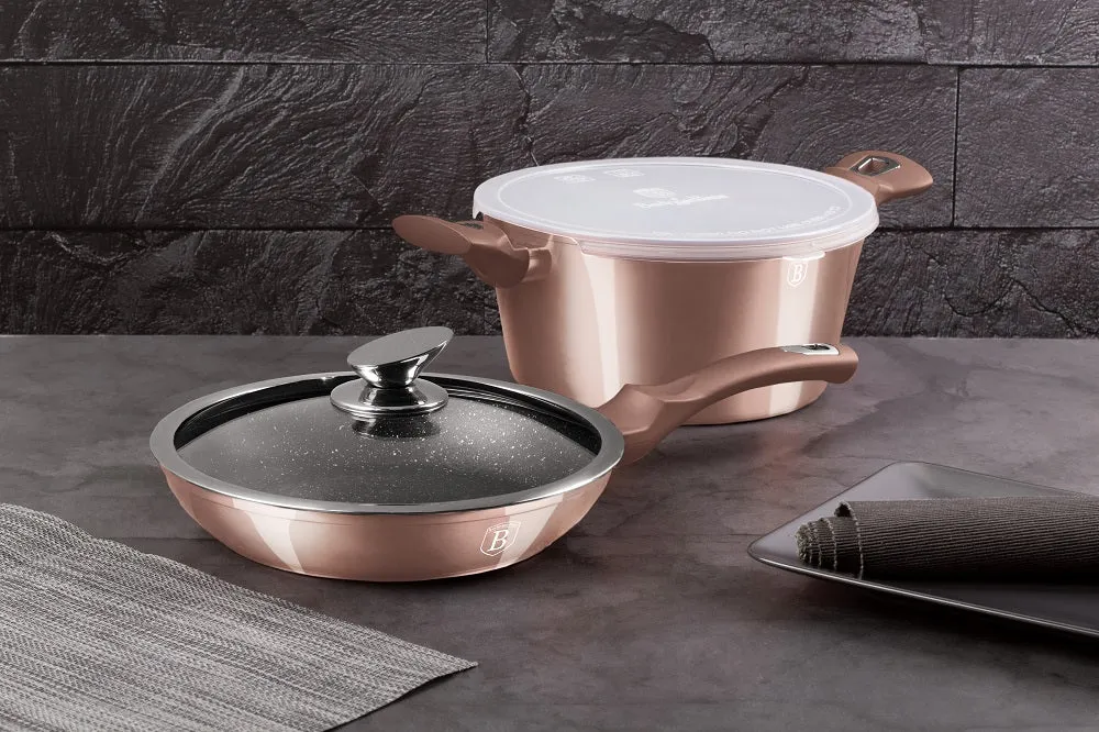 Set 4 Piese Vase de Gatit Berlinger Haus Rose Gold Edition, Strat Marmura, Inductie, Tigaie si Oala cu Capac, BH6200