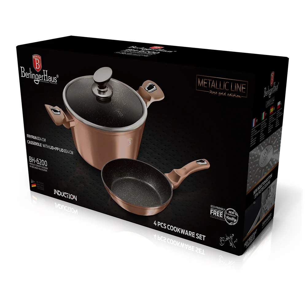 Set 4 Piese Vase de Gatit Berlinger Haus Rose Gold Edition, Strat Marmura, Inductie, Tigaie si Oala cu Capac, BH6200