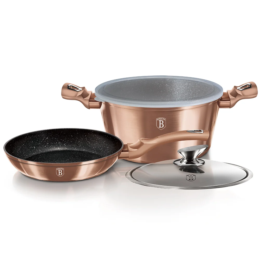 Set 4 Piese Vase de Gatit Berlinger Haus Rose Gold Edition, Strat Marmura, Inductie, Tigaie si Oala cu Capac, BH6200