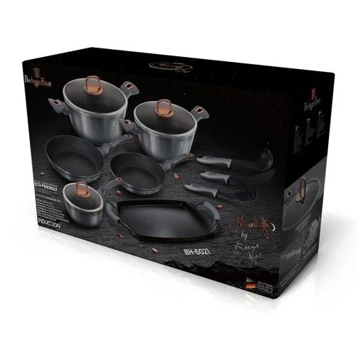 Set 12 Piese Vase de Gatit Berlinger Haus Moonlight Edition, Strat Marmura 3 Straturi, Inductie, Aluminiu Forjat, Gri Argi...
