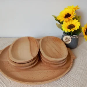 Set 1 platou servire si 6 farfurii, Lemn de Arin, Traditional, 36 cm, 22.5x13.5 cm