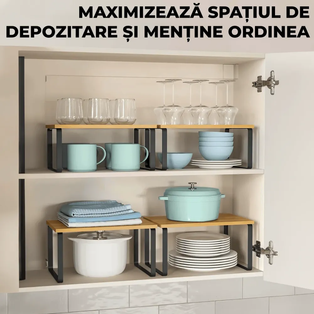 Set 2 rafturi extensibile, multifuncționale, bambus/otel, negru