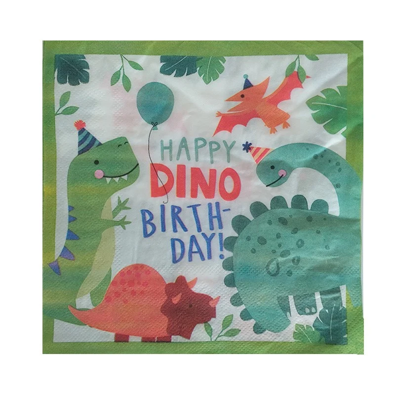 Set 20 de Servetele de Masa Happy Birthday, Vivimall, Model Dinozauri, Tematica Aniversare, 33x33 cm, Verde