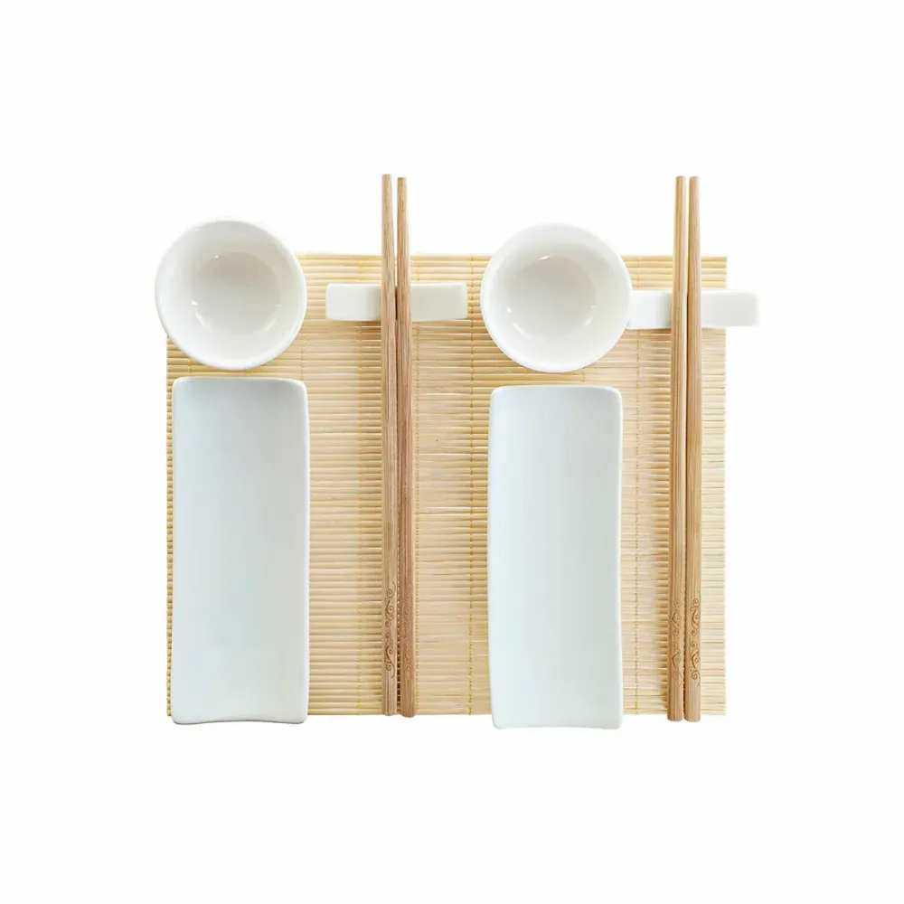 Set de Sushi DKD Home Decor Bambus Gresie Alb Natural Oriental 28,5 x 19,5 x 3,3 cm (9 Piese) (28,5 x 19,5 x 3,3 cm)