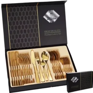 Set Tacâmuri Auriu 24 Piese din Inox, Finisaj Lucios, Design Elegant – Pentru 6 Persoane, Ideal pentru Mese Festive și Zil...