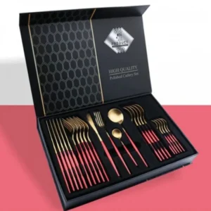 Set Tacâmuri Portugheze Red Gold 24 Piese din Inox, Finisaj Lucios Roșu-Auriu – Design Elegant pentru 6 Persoane, Ideal pe...