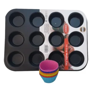 Set tava Neagra briose din Otel Carbon, 35x26.5x2.6 cm + 12 forme de Silicon Multicolore pentru briose