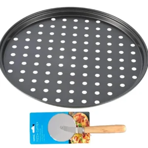 Set Tava perforata pentru pizza, Metal, 24x1.5 cm si Feliator Pizza cu Maner din Lemn, 24 cm