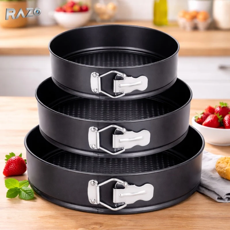 Set 3 tavi rotunde RAZO, Detasabile, Dimensiunile 24/26/28 cm, Otel-carbon, Strat antiaderent, Forma cu baza separata, Inc...