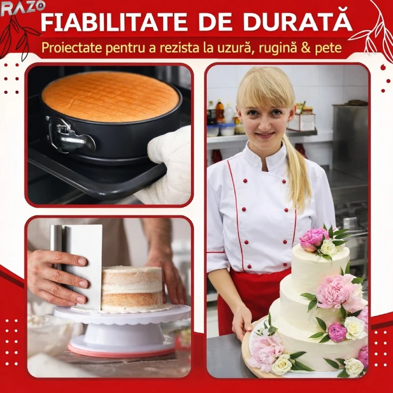 Set 3 tavi rotunde RAZO, Detasabile, Dimensiunile 24/26/28 cm, Otel-carbon, Strat antiaderent, Forma cu baza separata, Inc...