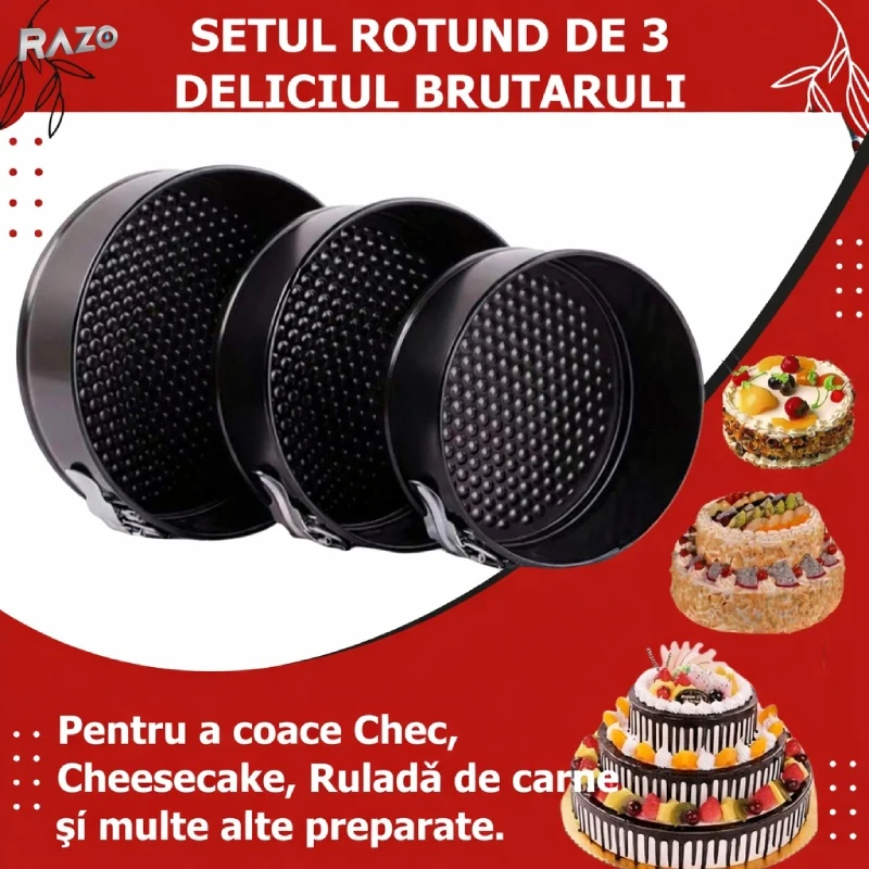 Set 3 tavi rotunde RAZO, Detasabile, Dimensiunile 24/26/28 cm, Otel-carbon, Strat antiaderent, Forma cu baza separata, Inc...