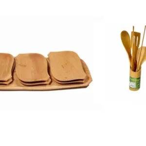 Set 7 Tavi Servire din Lemn, 60x22x3 cm + 5 ustensile din lemn cu suport din lemn inclus