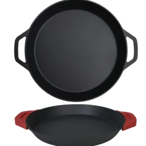 Set tigaie din fontă de 15,75 inch (40 cm) cu mânere duble în formă de buclă, tigaie pentru prăjit, suporturi pentru oale...