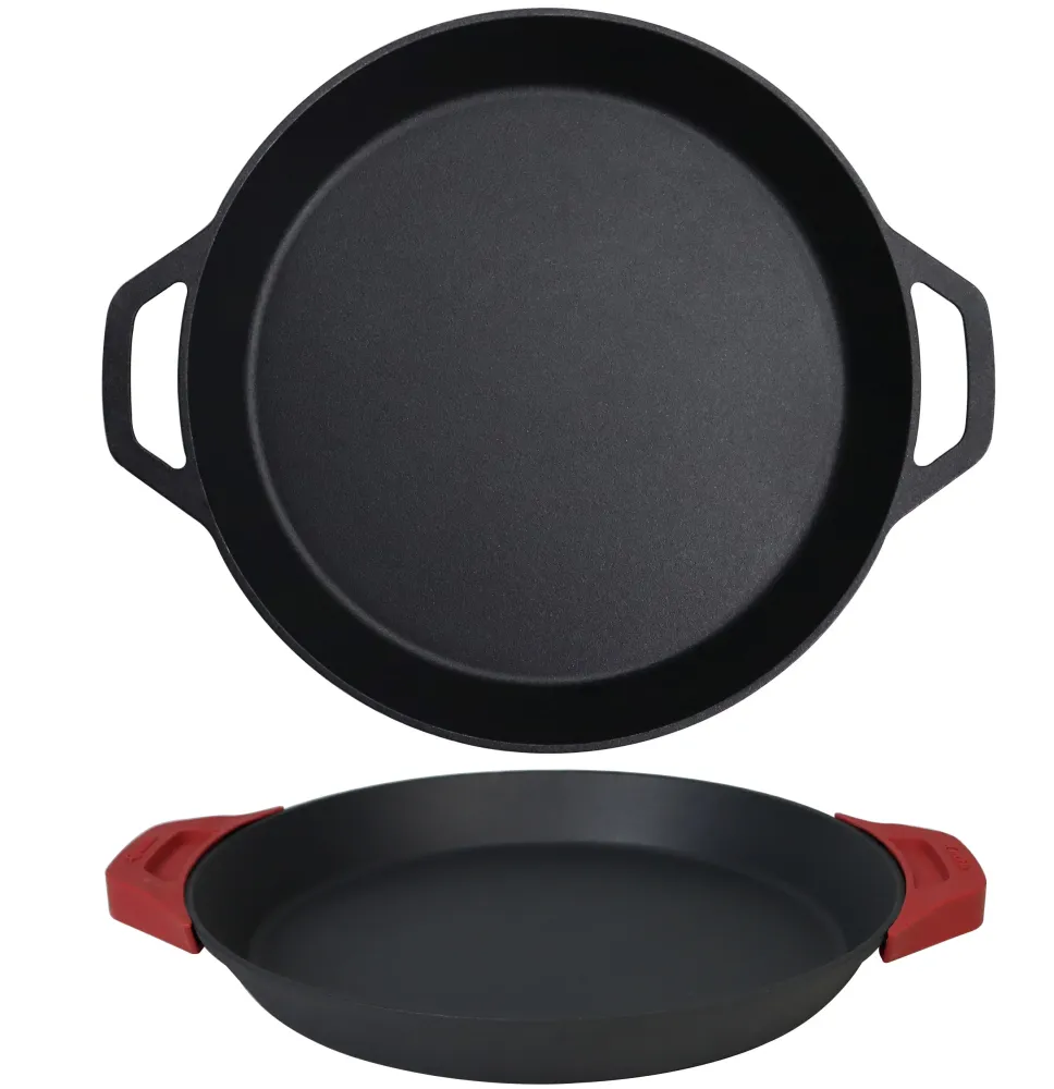Set tigaie din fontă de 15,75 inch (40 cm) cu mânere duble în formă de buclă, tigaie pentru prăjit, suporturi pentru oale...