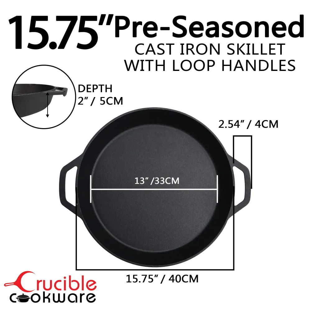Set tigaie din fontă de 15,75 inch (40 cm) cu mânere duble în formă de buclă, tigaie pentru prăjit, suporturi pentru oale...