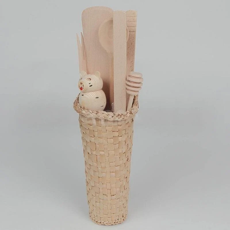 Set 6 ustensile de bucatarie din Lemn, suport din Papura