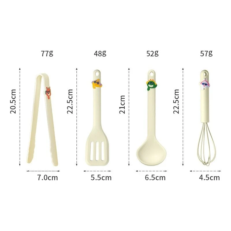 Set 4 Ustensile de Bucatarie, Vivimall, pentru Copii, din Silicon, Termorezistente, Design Animat, 13 x 24 x 5 cm, Bej