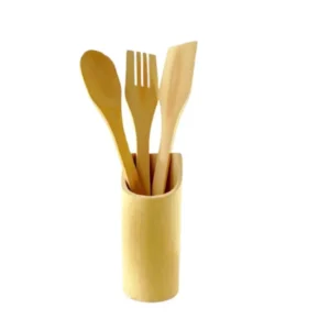 Set 3 ustensile pentru bucatarie cu suport, bambus, natur