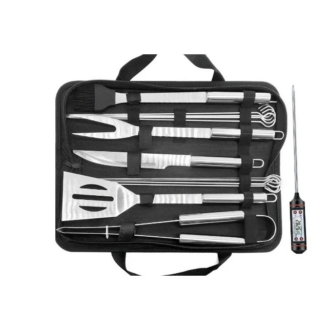 Set 14 Ustensile pentru Gratar cu Termometru, Vivimall, din Otel Inoxidabil, Geanta Oxford, Argintiu