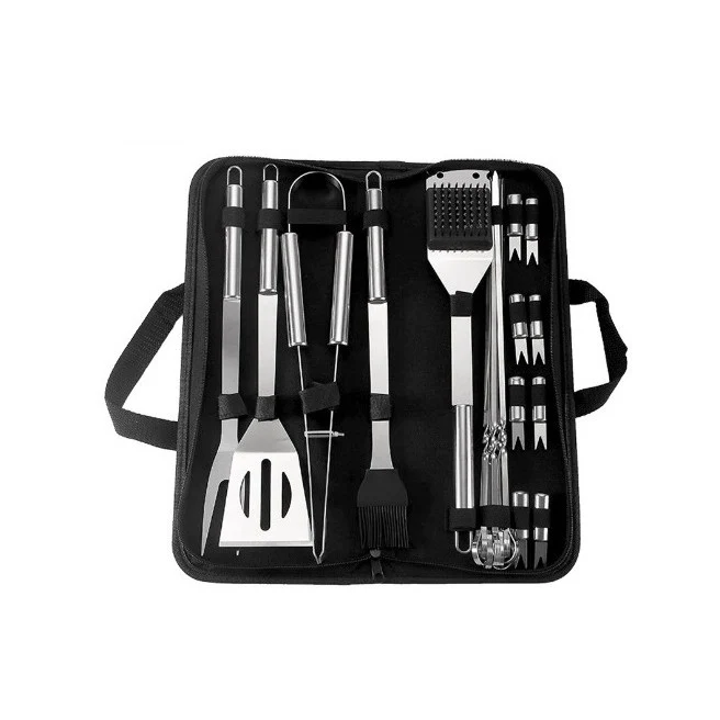 Set 20 Ustensile pentru Gratar, Vivimall, din Otel Inoxidabil, Geanta Oxford, Argintiu